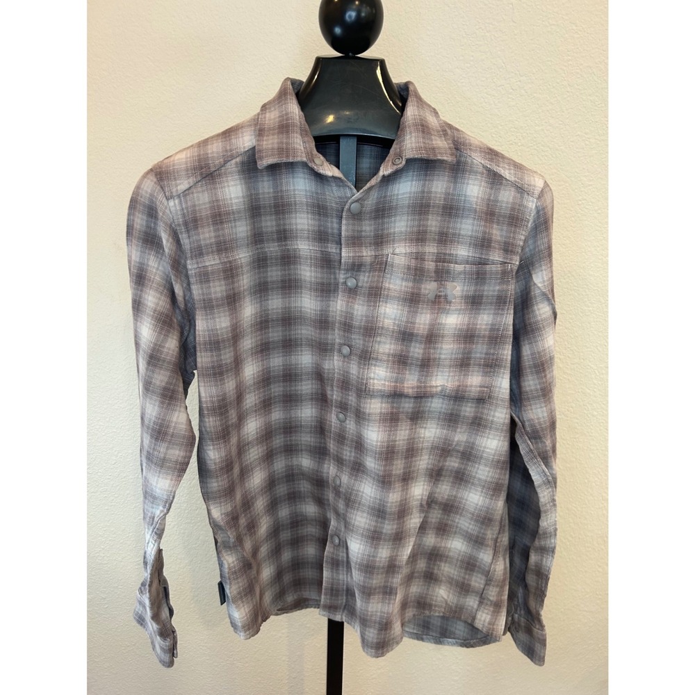Under Armour Mens Large Plaid Snap Front Long Sleeve Shirt Grey Brown Pocket